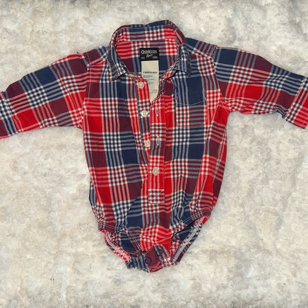 6 month old plaid onesie.
